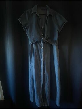 jean Button-Front Maxi Dress with Tie Waist